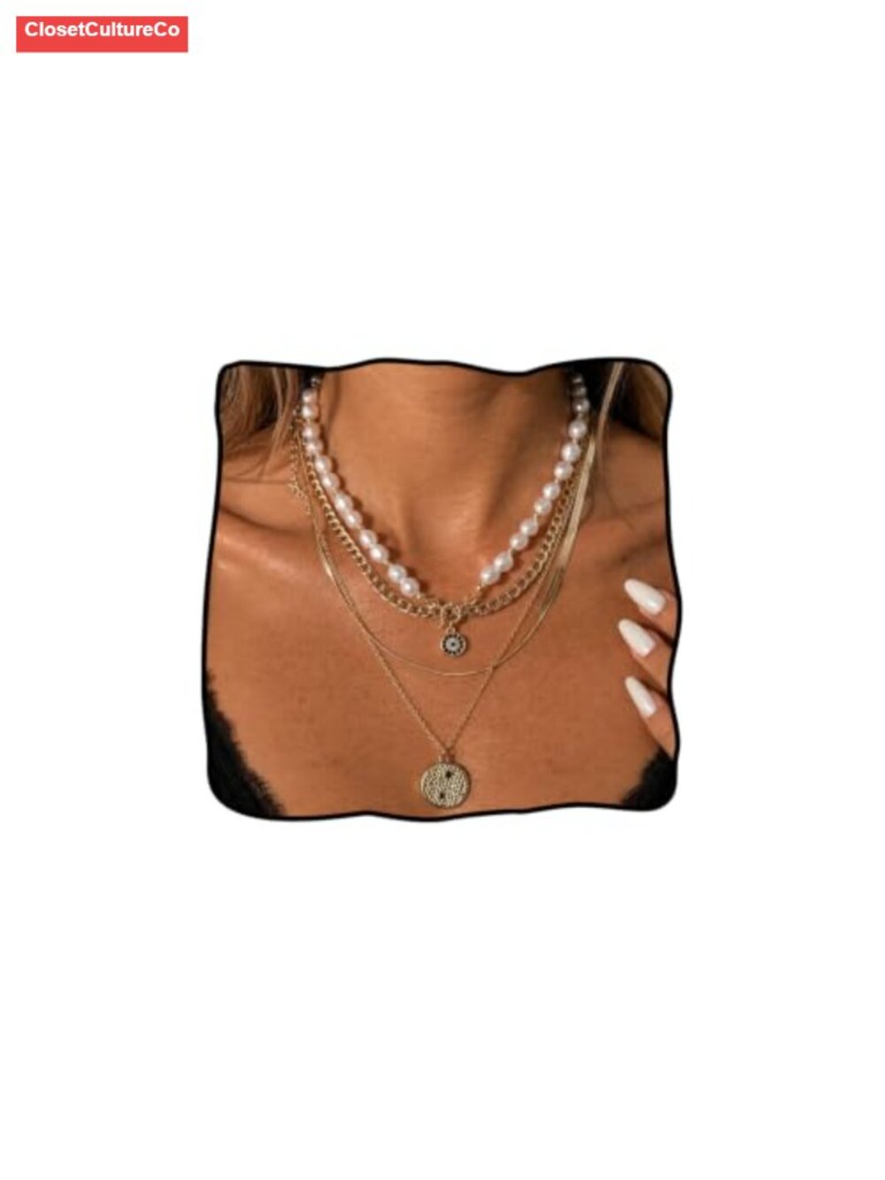 Multi-Layer Evil Eye Necklace with Faux Pearl Curb Snake Chain